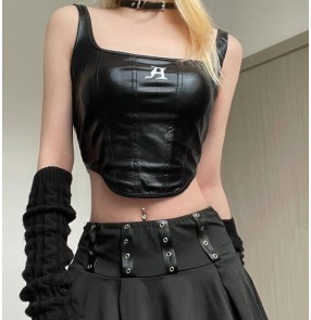 Women black pu leather jazz dance short top punk rock mortorcycle style cropped vest for female